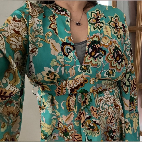 ZARA Boho Floral Kimono Oversized Blouse Top Robe Shirt Turquoise Tie Up Bow XL - Picture 15 of 16